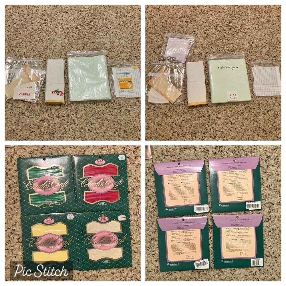Vintage Cross Stitch Lot: Magazines Patterns Embroidery Hoops Aida Cloth Thread